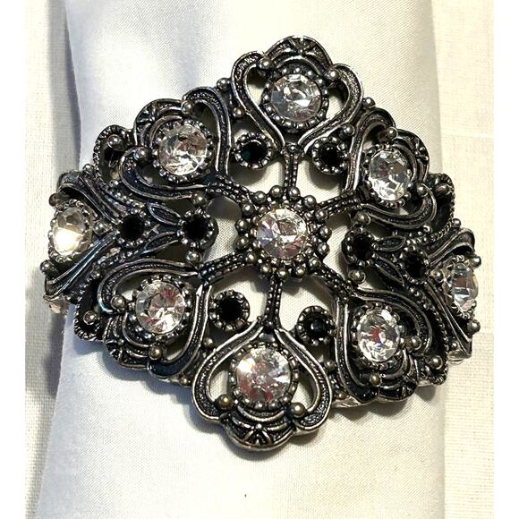 Statement Filigree Bracelet Clear and Black Stones on Silver Tone Hinged Clamper - Picture 10 of 10